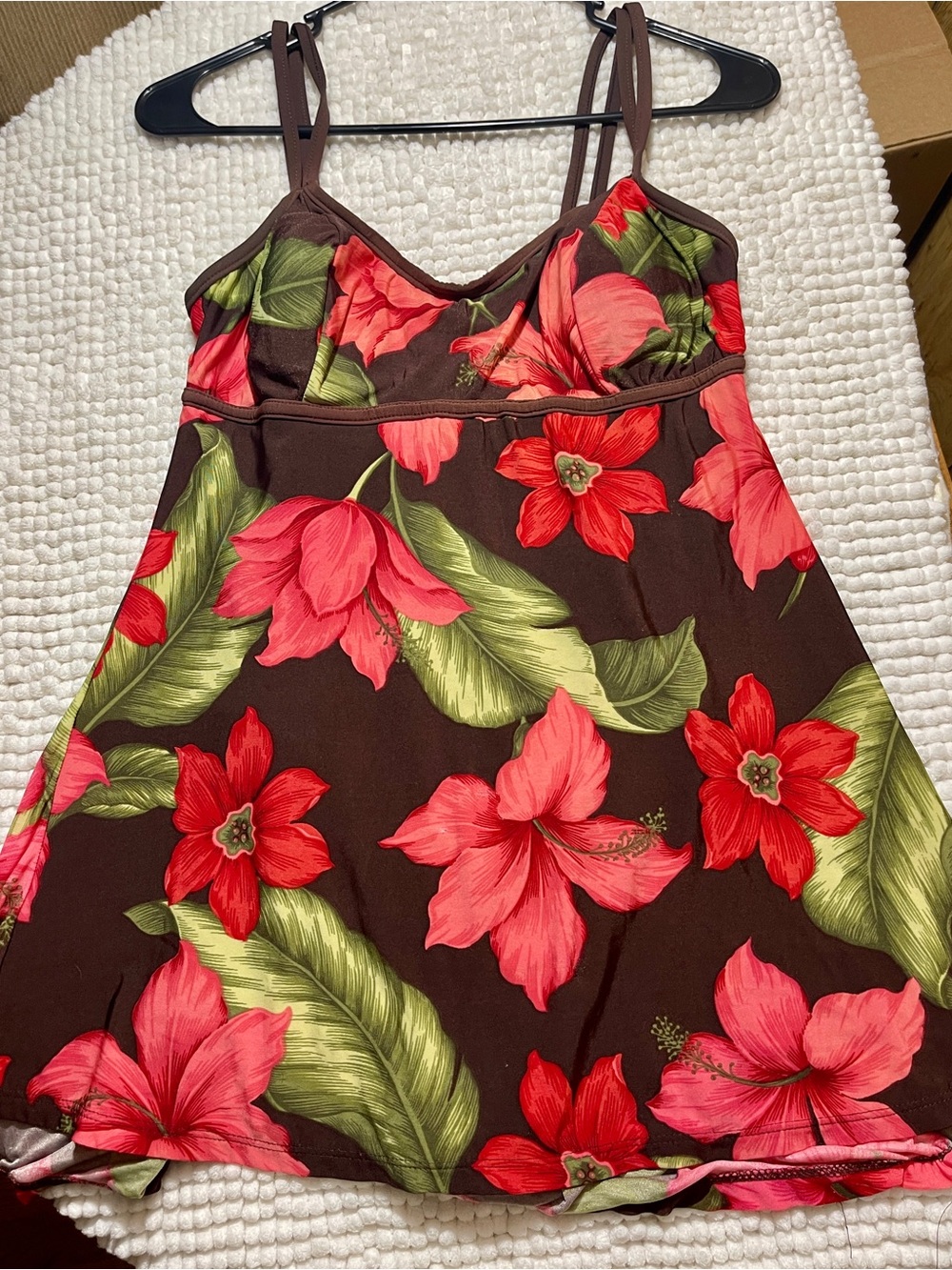 Floral One-Piece Swimsuit in Brown with Red & Pink Blooms